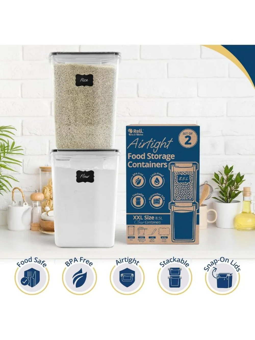 Airtight Stackable Food Storage Containers - 8.5L for Flour & Sugar (2 Pack)